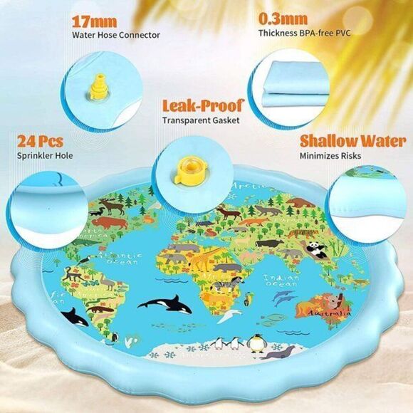 Ottoy Splash Water Mat,68'' Sprinkler Pool Pad 'World Animal Map' learning Toys - Picture 6 of 7